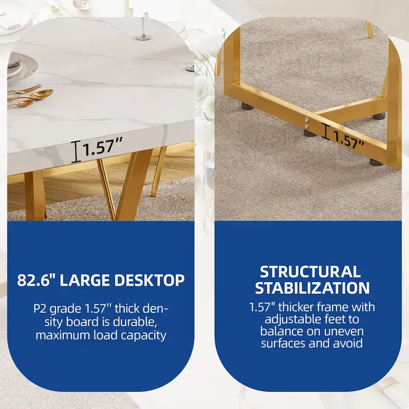 Grande Table à Manger en Faux Marbre avec Piétement Géométrique en Métal