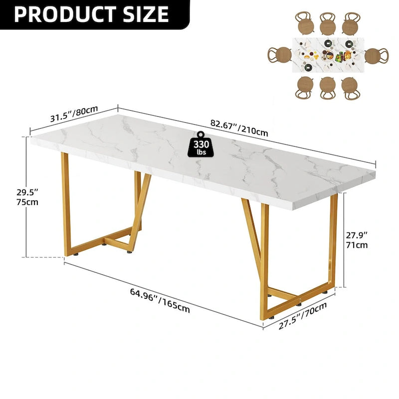 Grande Table à Manger en Faux Marbre avec Piétement Géométrique en Métal