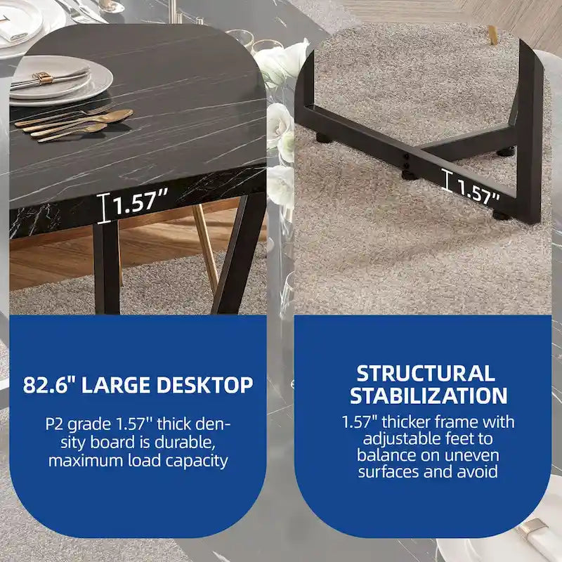 Grande Table à Manger en Faux Marbre avec Piétement Géométrique en Métal