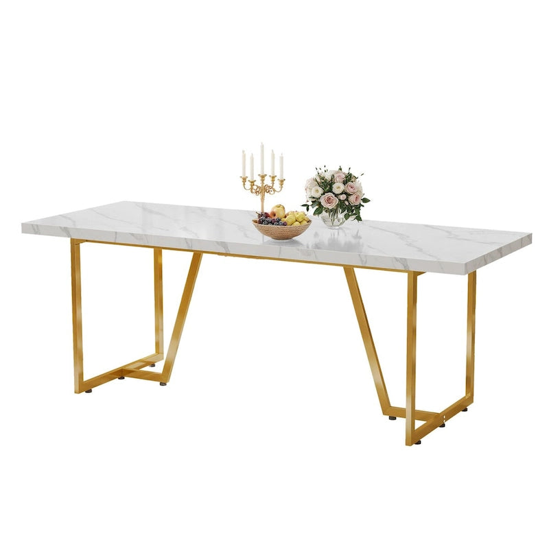 Grande Table à Manger en Faux Marbre avec Piétement Géométrique en Métal