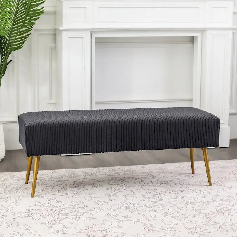 Banc rembourré en velours rayé 43" avec pieds en métal doré – pour le bout de lit, l'entrée et le salon