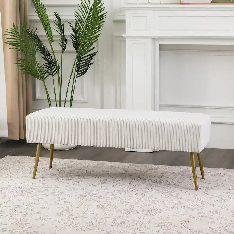 Banc rembourré en velours rayé 43" avec pieds en métal doré – pour le bout de lit, l'entrée et le salon