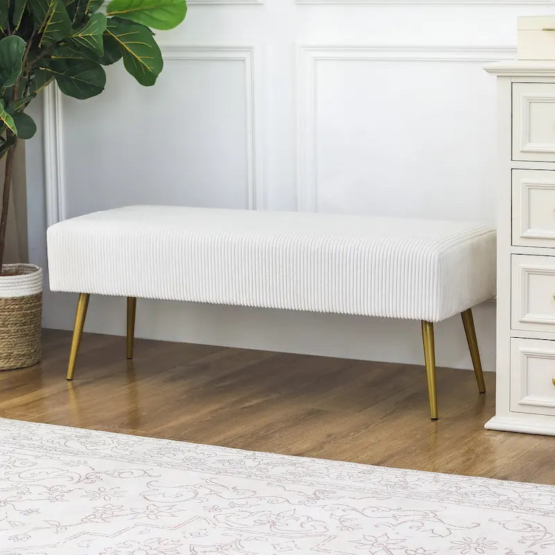 Banc rembourré en velours rayé 43" avec pieds en métal doré – pour le bout de lit, l'entrée et le salon