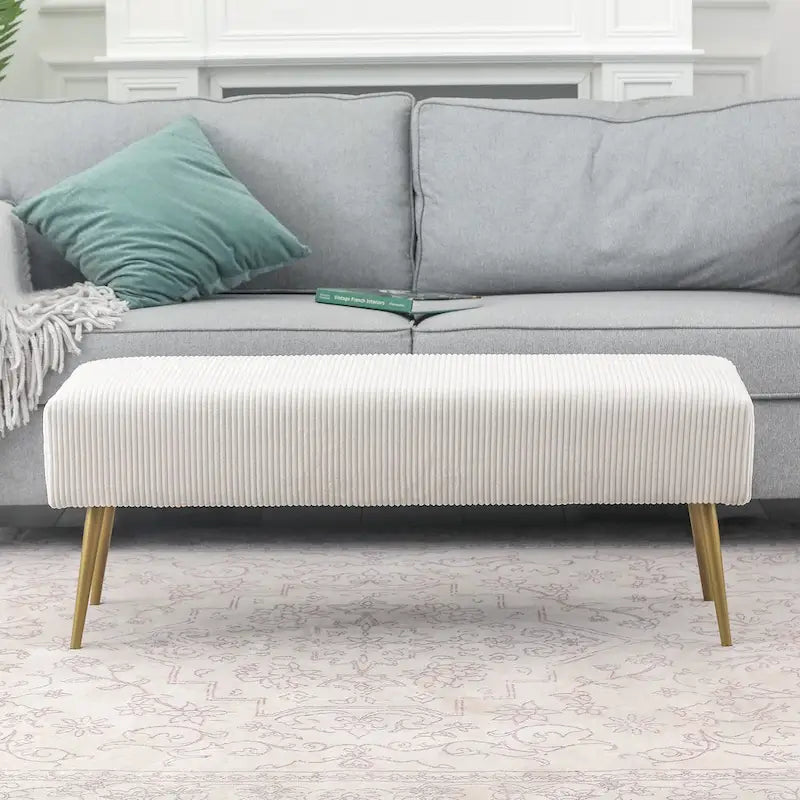Banc rembourré en velours rayé 43" avec pieds en métal doré – pour le bout de lit, l'entrée et le salon