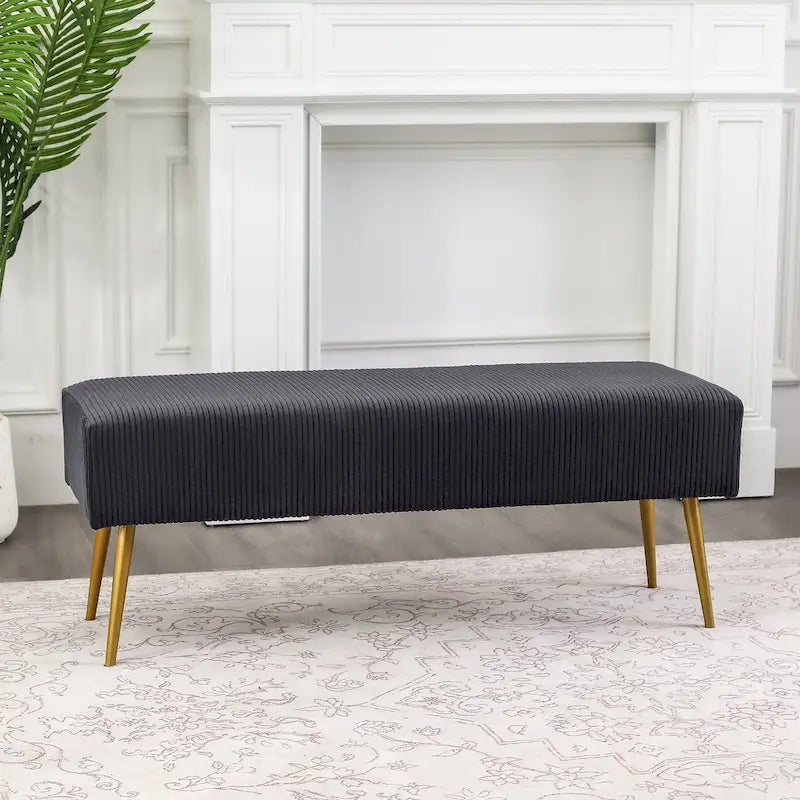 Banc rembourré en velours rayé 43" avec pieds en métal doré – pour le bout de lit, l'entrée et le salon