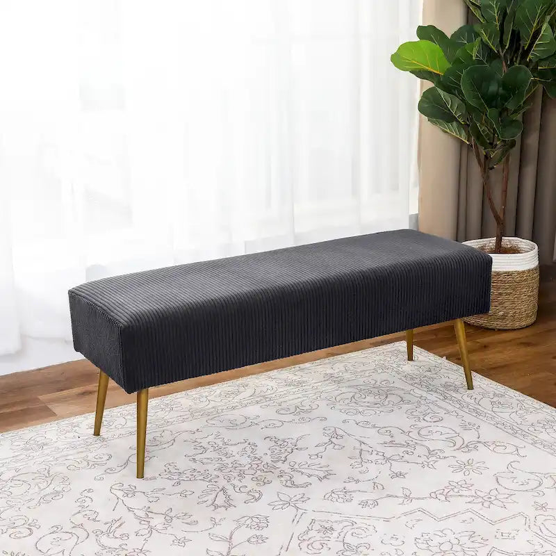 Banc rembourré en velours rayé 43" avec pieds en métal doré – pour le bout de lit, l'entrée et le salon