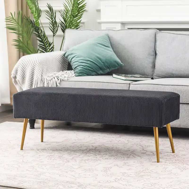 Banc rembourré en velours rayé 43" avec pieds en métal doré – pour le bout de lit, l'entrée et le salon