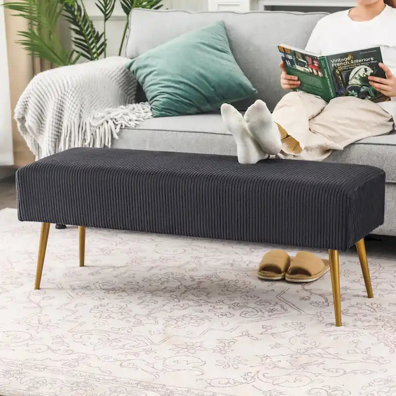 Banc rembourré en velours rayé 43" avec pieds en métal doré – pour le bout de lit, l'entrée et le salon