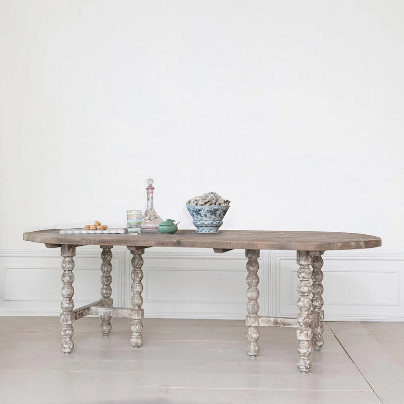 Table de salle à manger ovale en pin, style rustique - Finition blanchie