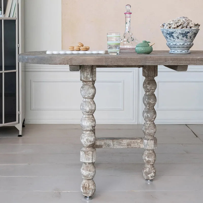 Table de salle à manger ovale en pin, style rustique - Finition blanchie