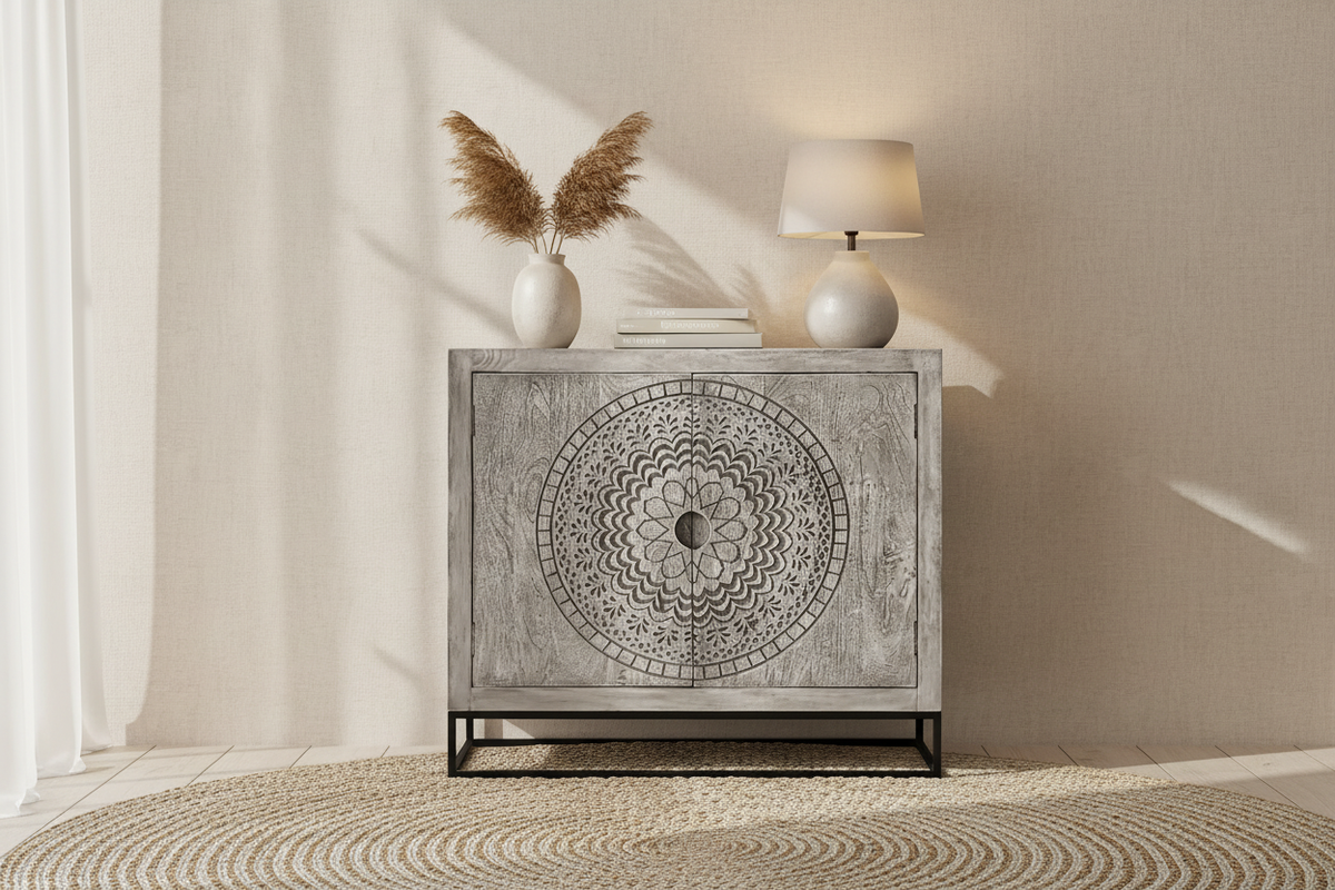 Handcrafted Mango Wood Cabinet in Interior Scene