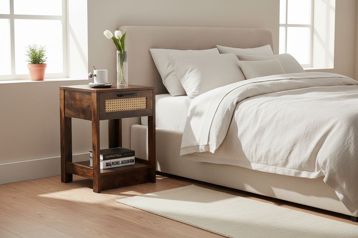 Rattan Nightstand in Bedroom Scene